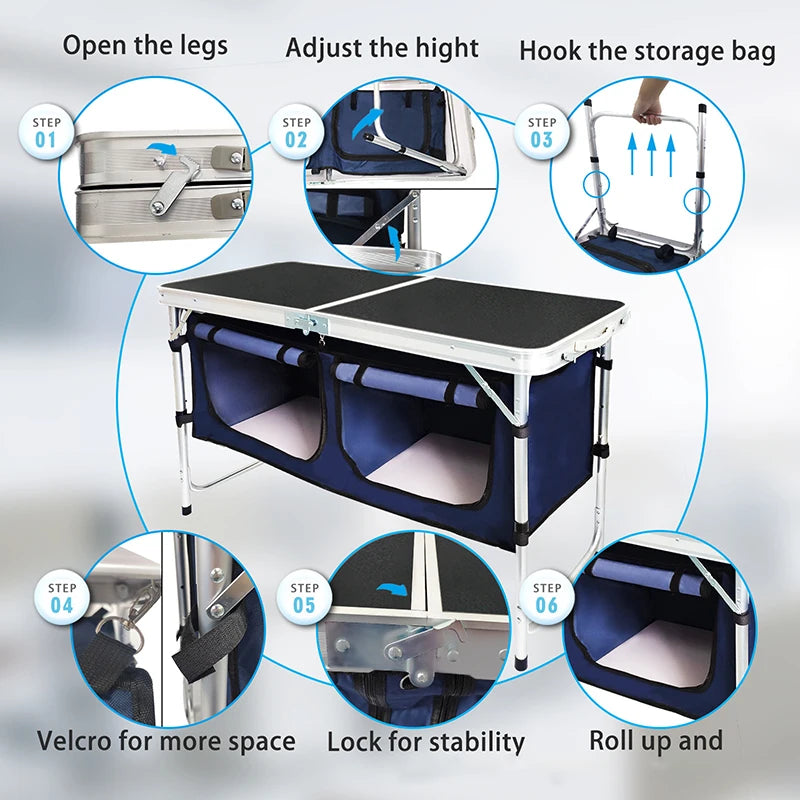 Outdoor Folding Table Aluminum Lightweight Camping Table Height Adjustable with Storage Organizer for BBQ, Party, Camping
