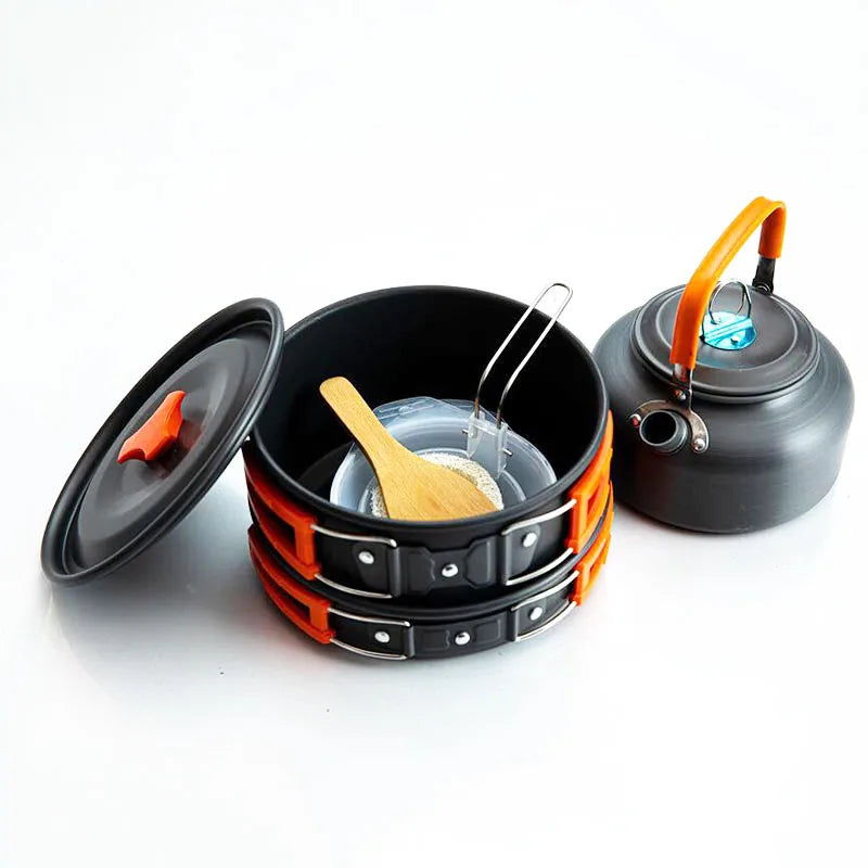 Camping Cookware Set - Lightweight Aluminum, Nonstick, Portable Outdoor Tableware for Hiking, BBQ, Picnic